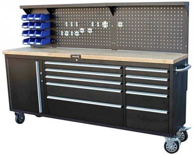 Dílenský pojízdný stůl - ponk, se skříněmi a děrovanou stěnou - ASTA A-TRUCK