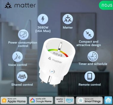 Nous A8M Matter Smart Zásuvka 16A - zásuvka s měřením spotřeby, Wi-Fi (2 kusy)