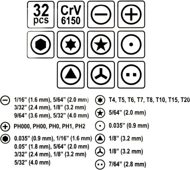 Vorel šroubovák hodinářský + bity 32 ks crv TO-64396